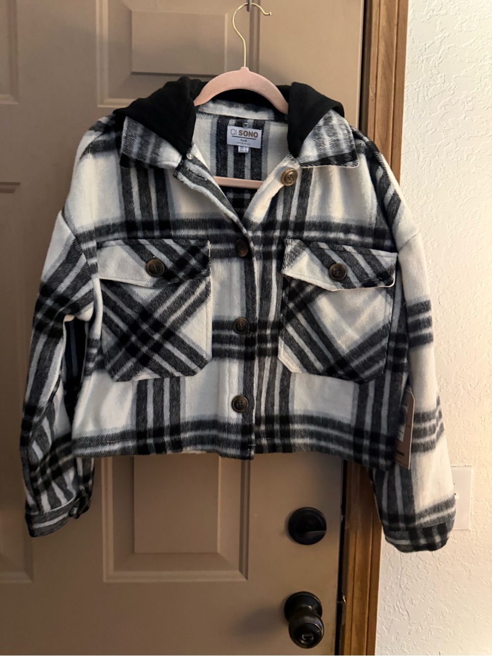 Ci Sono Black & White Plaid Hooded Shacket